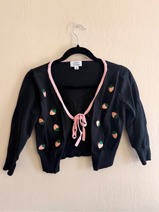 Unique Vintage Sweaters - Unique Vintage Black Cardigan with Pink Strawberry Motifs